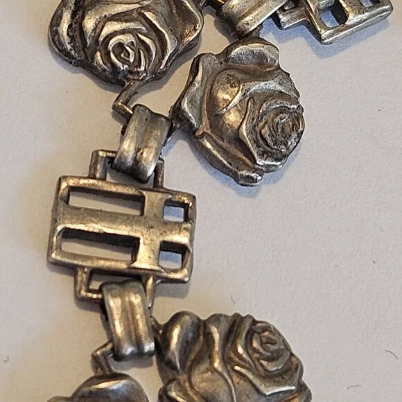 Antique 19c Victorian Sterling Silver Catholic Rose Cross Double Sided Bracelet - Picture 2 of 4